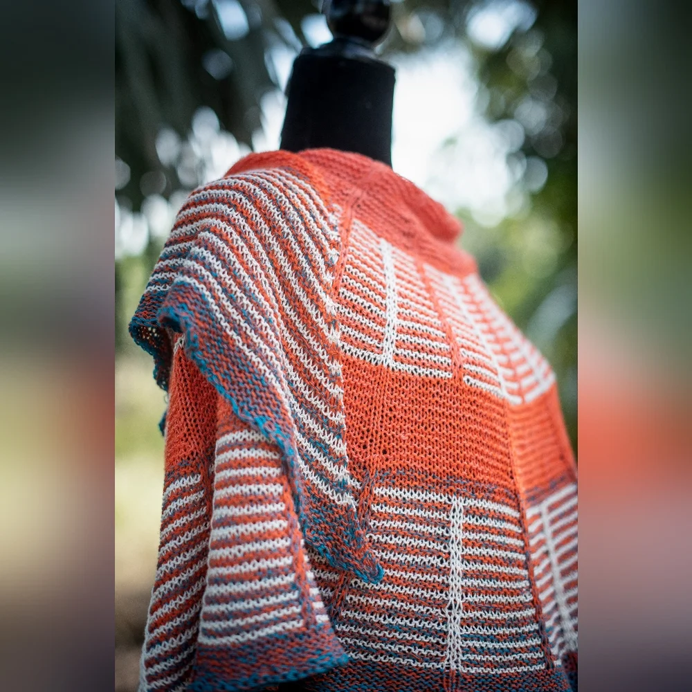 Hand Crafted OOAK Avantgarde Boho Striped Cotton Orange Blue Summer Knit Shawl - Picture 7 of 15